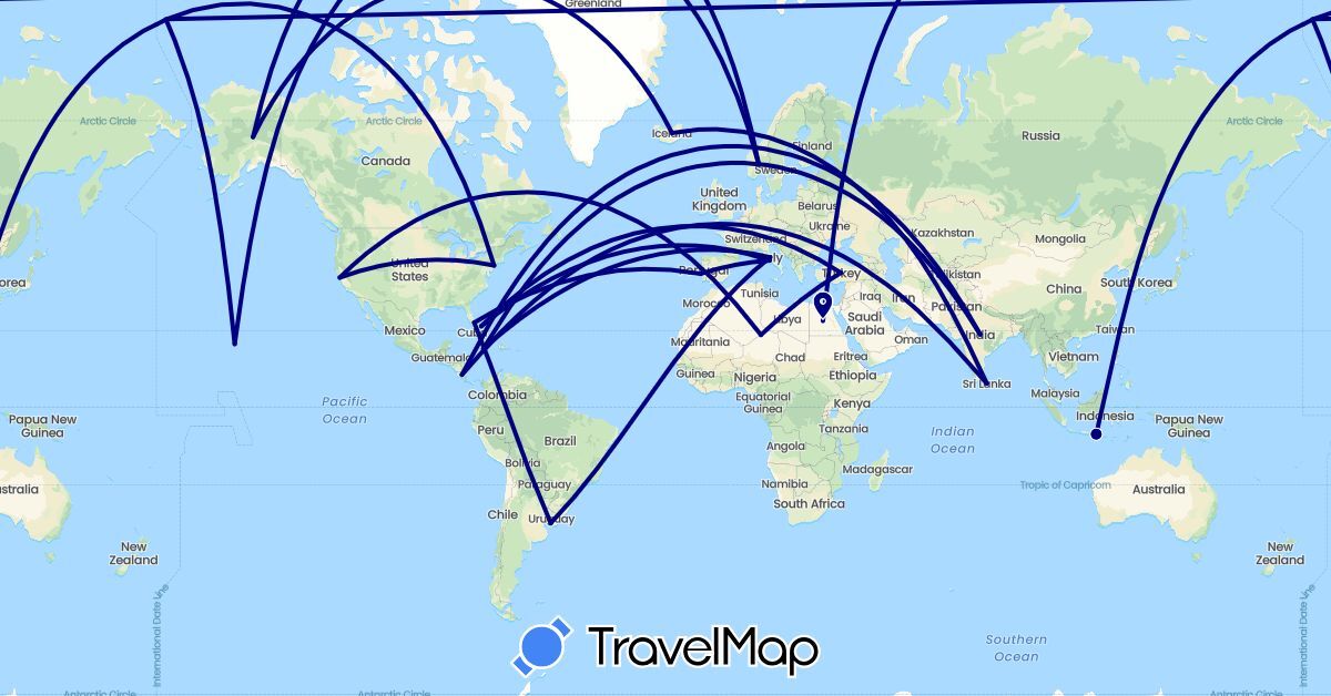 TravelMap itinerary: driving in Bahamas, Costa Rica, Algeria, Egypt, Indonesia, India, Iceland, Italy, Jamaica, Sri Lanka, Norway, Portugal, Turkey, United States, Uruguay (Africa, Asia, Europe, North America, South America)